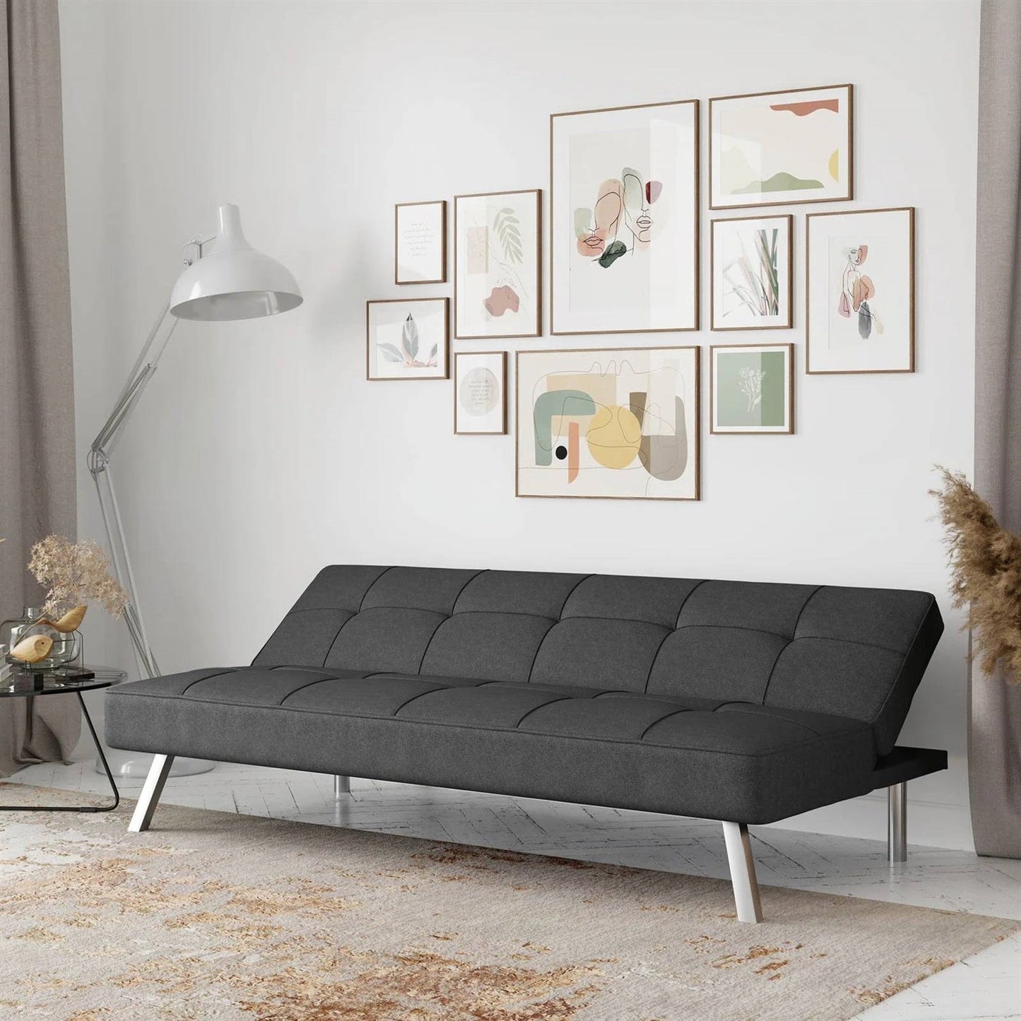 Modern Futon Sofa Bed in Charcoal Grey Fabric with Chrome Metal Legs-1