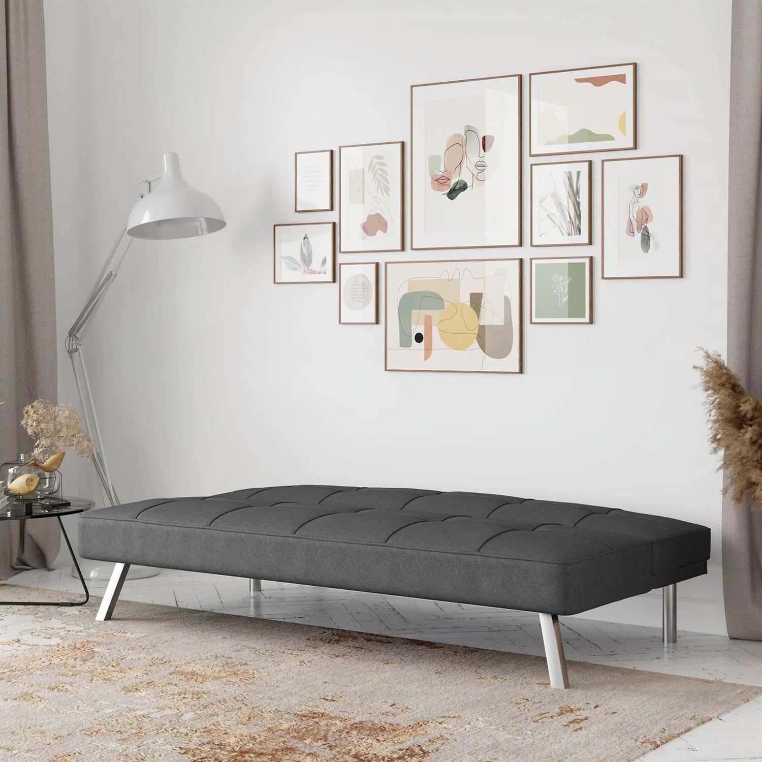 Modern Futon Sofa Bed in Charcoal Grey Fabric with Chrome Metal Legs-2