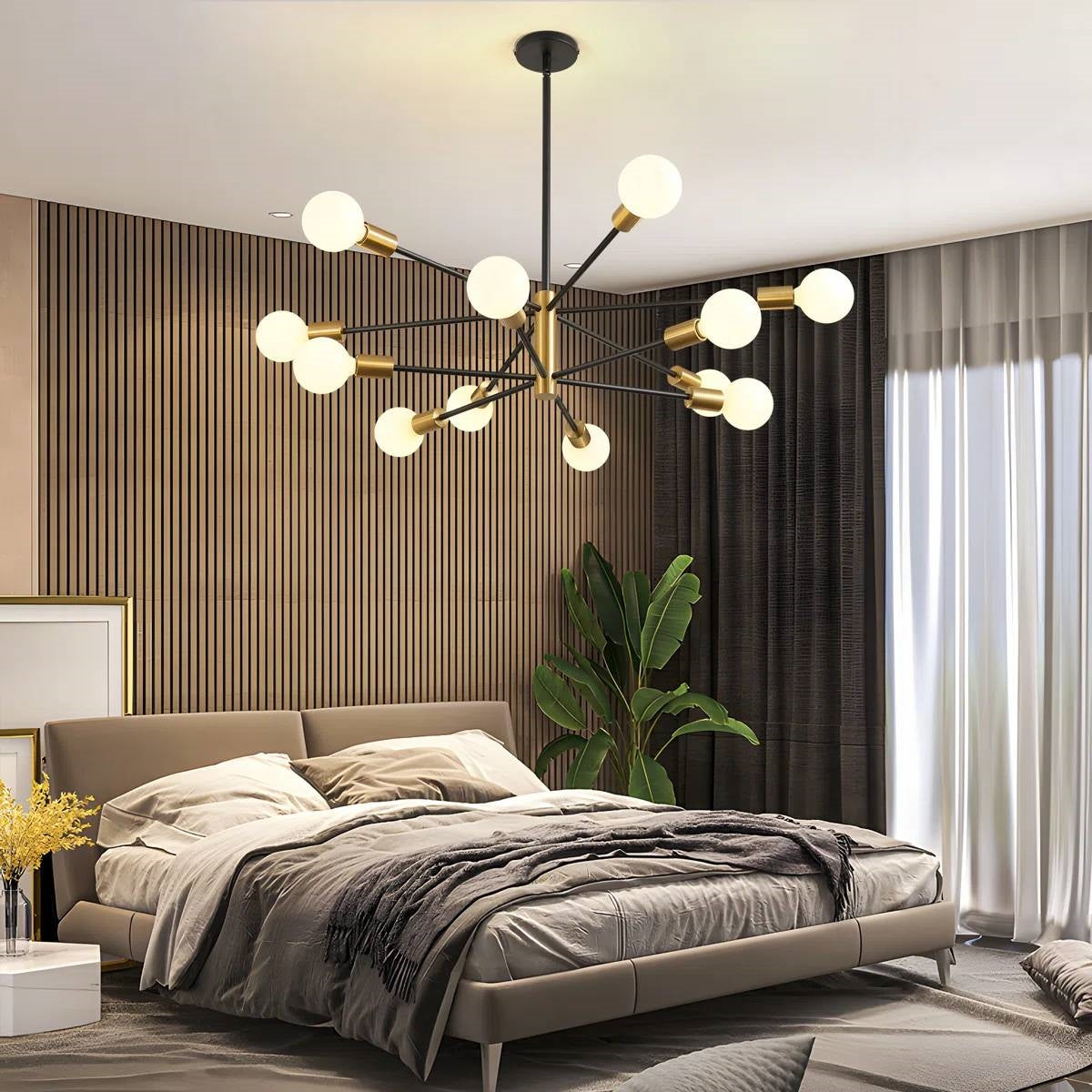 33-inch Modern 12-Light Dimmable Sputnik Chandelier in Black/Gold Finish-1