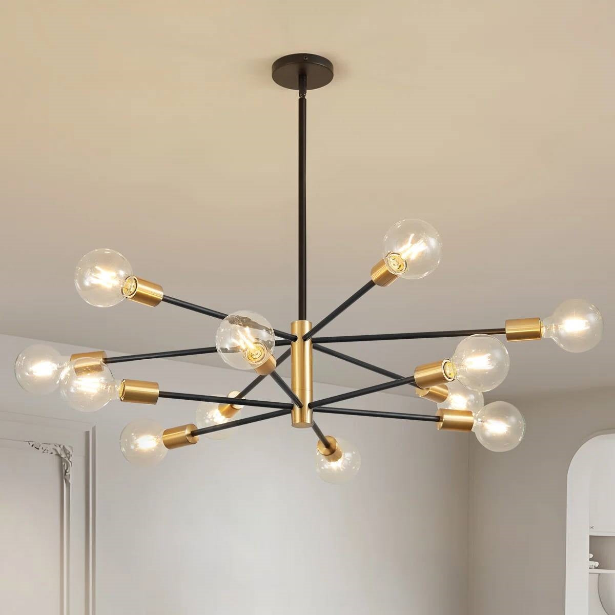 33-inch Modern 12-Light Dimmable Sputnik Chandelier in Black/Gold Finish-2