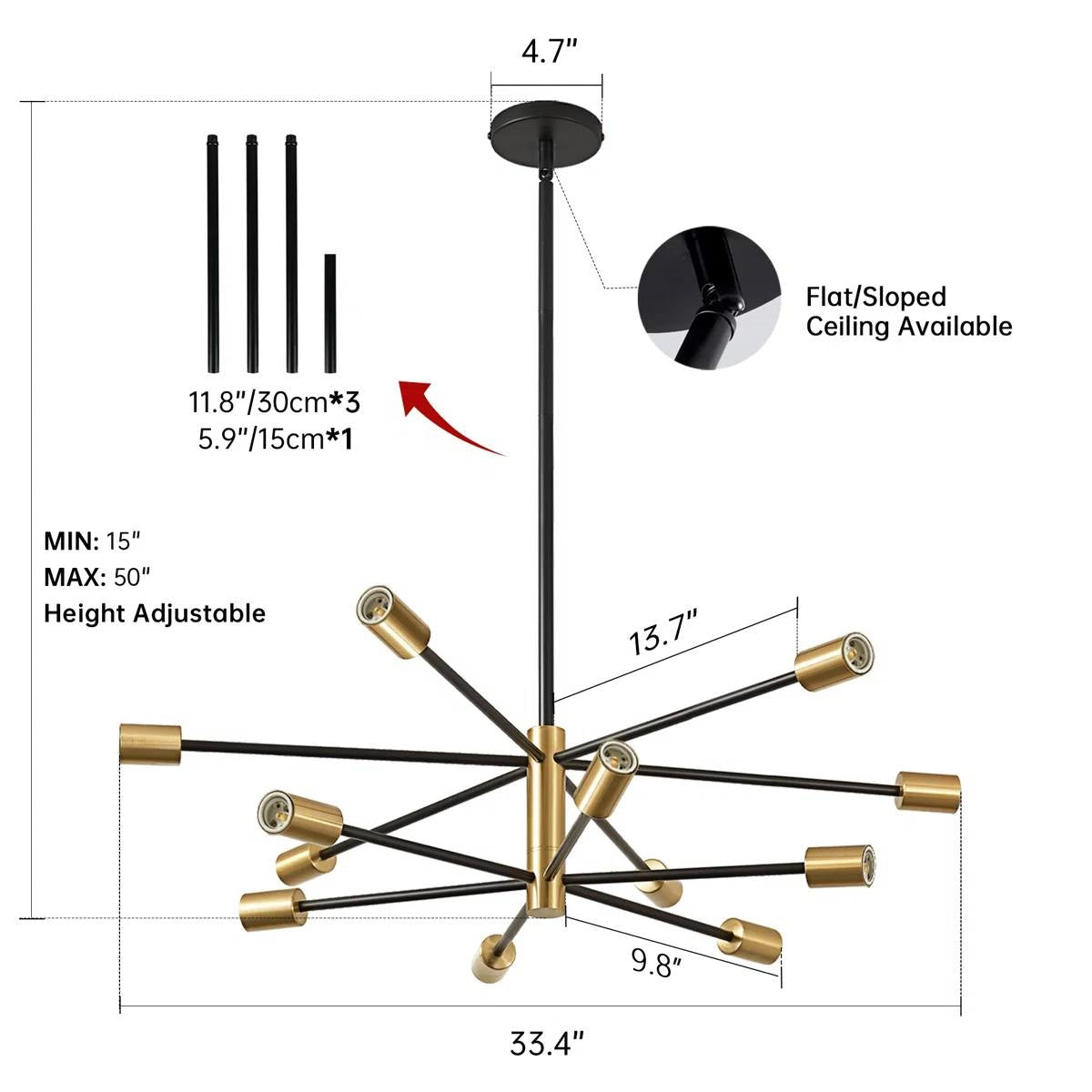 33-inch Modern 12-Light Dimmable Sputnik Chandelier in Black/Gold Finish-4