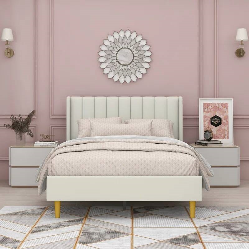 Full size Mid-Century Platform Bed Frame with Cream Velvet Upholstered Headboard-1