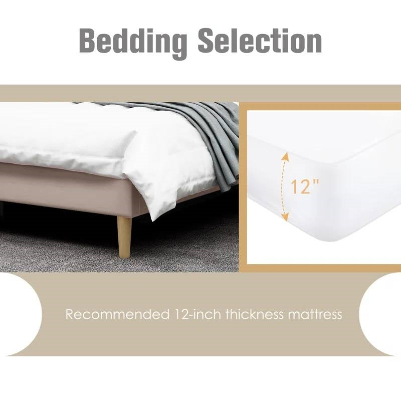 Full size Mid-Century Platform Bed Frame with Cream Velvet Upholstered Headboard-3