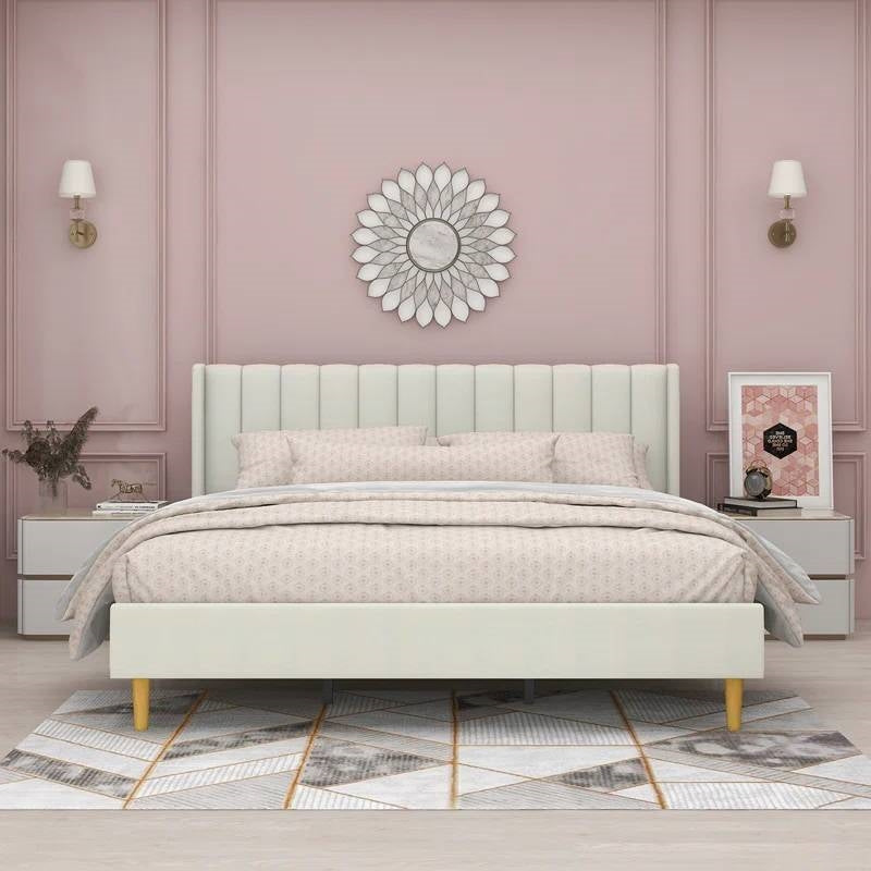 Queen Mid-Century Platform Bed Frame with Cream Velvet Upholstered Headboard-2