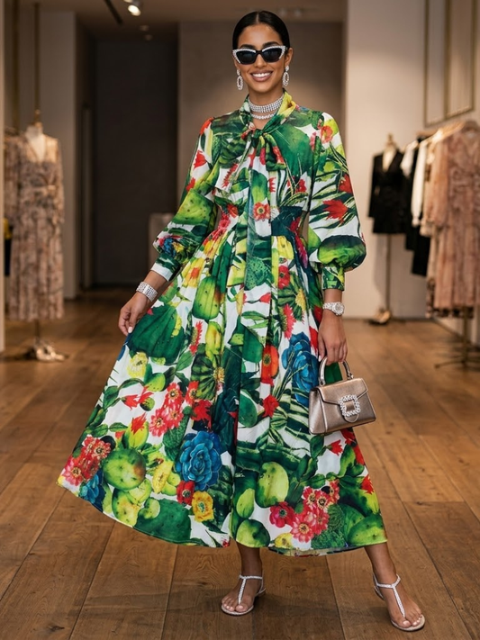 Cactus Print Maxi Dress With Neck Tie HUDSON New Collection FASHION BYMANYC ® New York-0