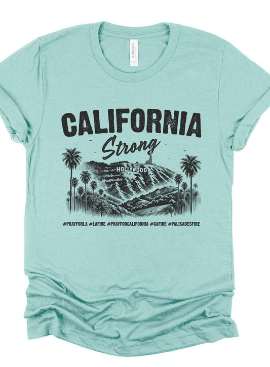Light blue t-shirt with 'California Strong' graphic design on a white background