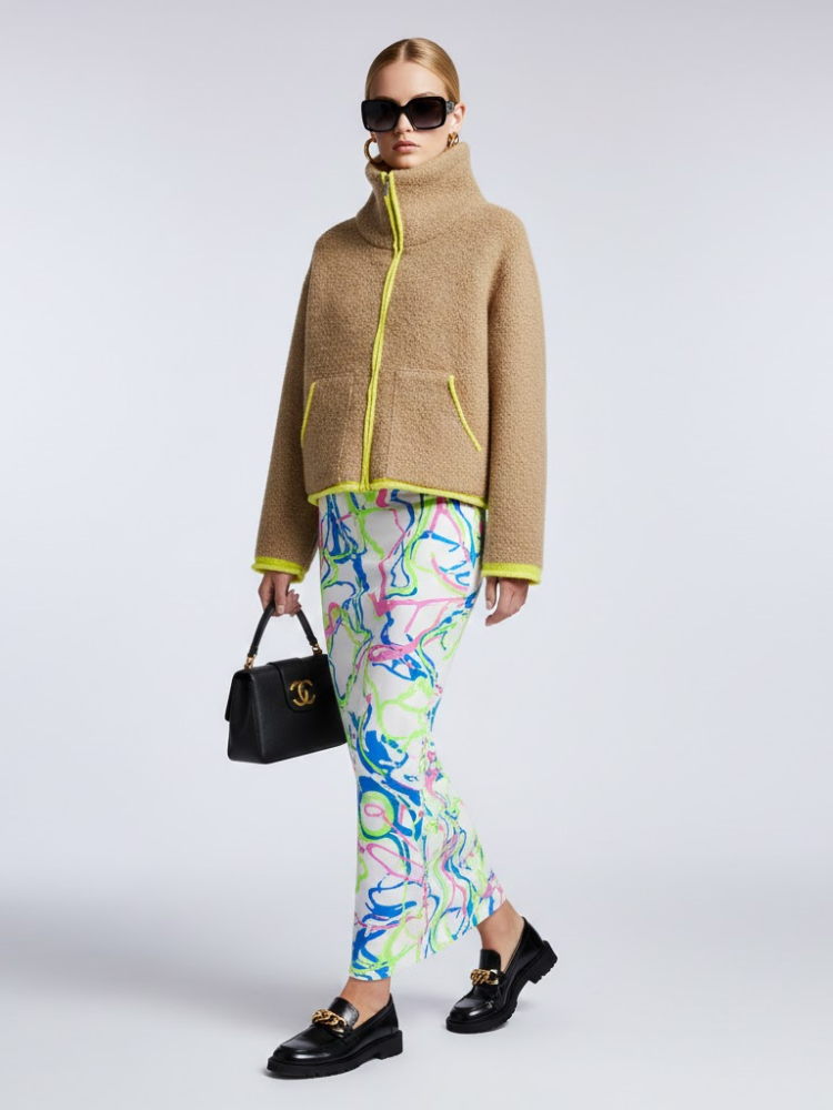 Camel Bouclé Knit Jacket with Neon Trims and Funnel Neck • BYMANYC ® New York-1