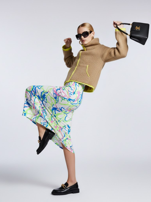 Camel Bouclé Knit Jacket with Neon Trims and Funnel Neck • BYMANYC ® New York-0
