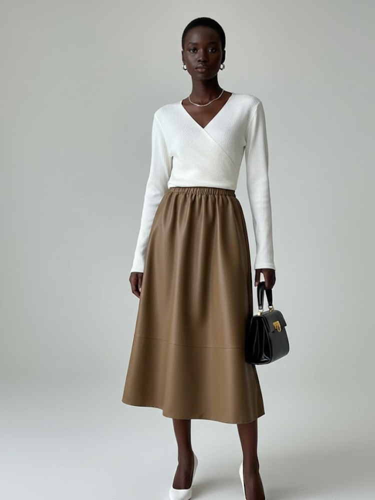 Camel Vegan Leather Midi Skirt LAFAYETTE: New Colección COUTURE in NOLITA - BYMANYC ® New York-1