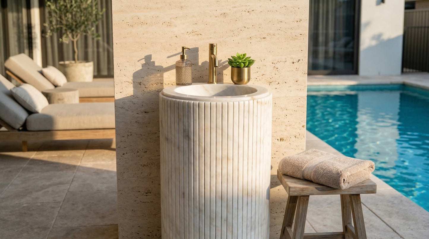 Cararra White Marble Designer Pedestal Stand-Alone Fluted Sink (W)18" (L)18" (H)33"