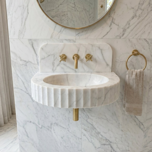 Carrara White Marble Wall-Mount Bathroom Sink with Fluted Front Design 16W x 24L x 6H