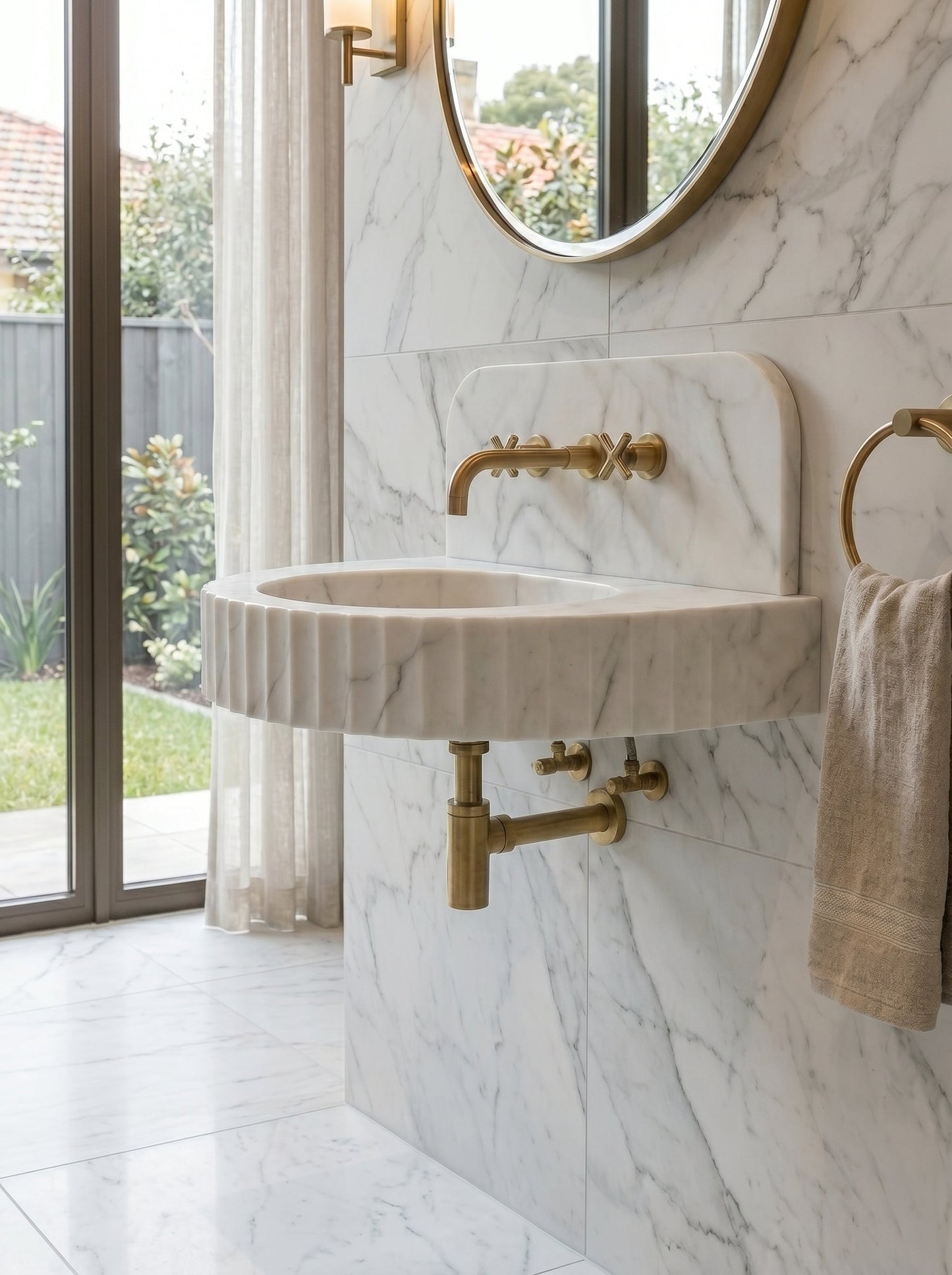 Carrara White Marble Wall-Mount Bathroom Sink with Fluted Front Design 16W x 24L x 6H