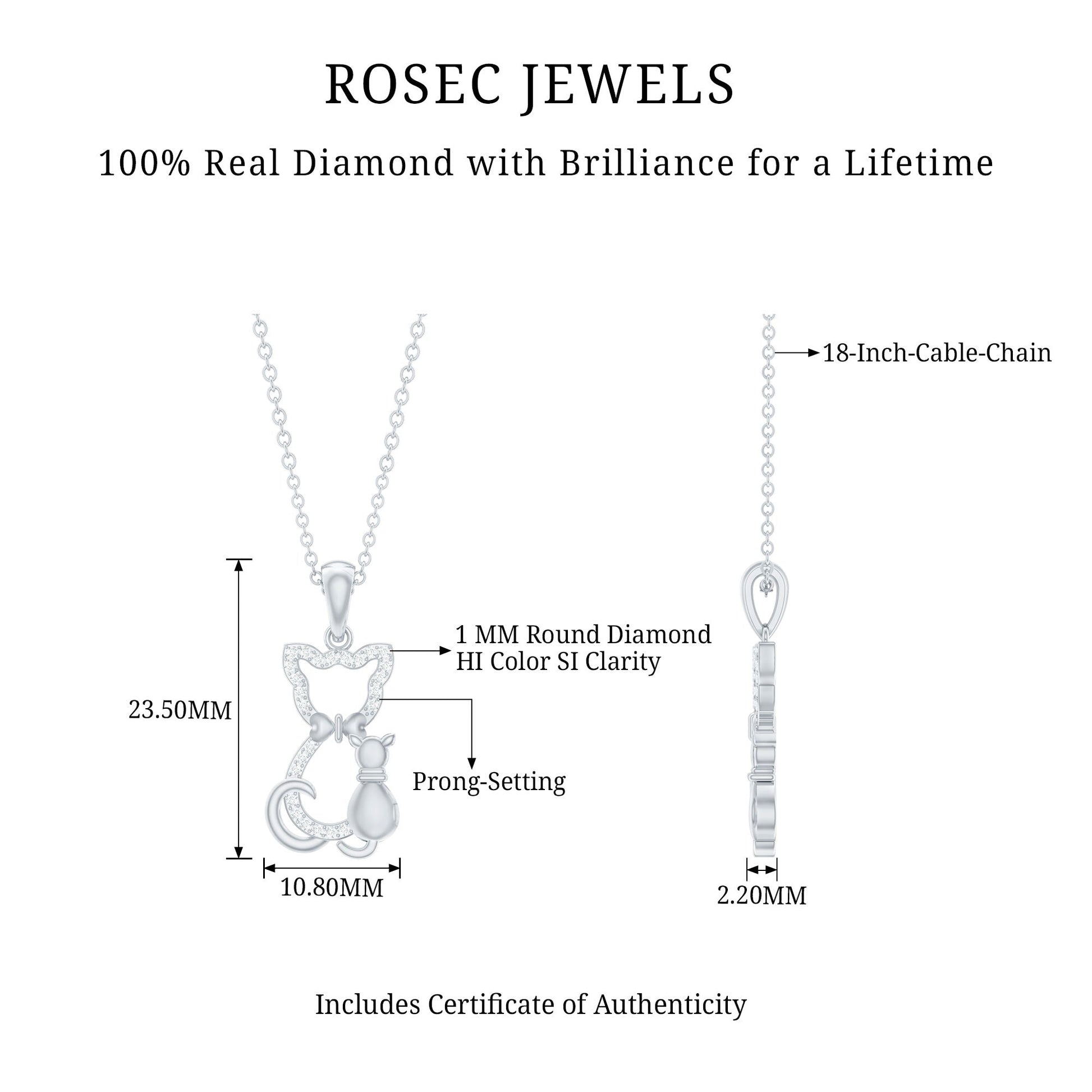 Rosec Jewels diamond necklace with measurements and product details on a white background Kitty Cat Necklace, Cat Pendant, Cat Lover Gift, Diamond Necklace, Diamond Pendant, Lab Diamond Necklace, Natural Diamond Necklace, Fine Jewelry, Luxury Jewelry, Sterling Silver Necklace, 10K Gold Necklace, 14K Gold Necklace, 18K Gold Necklace, White Gold Necklace, Yellow Gold Necklace, Pendant Necklace, Cat Jewelry, Animal Jewelry, Women's Jewelry, Unisex Jewelry, Gift For Her, Luxury Gift, Birthday Gift, Anniversary 