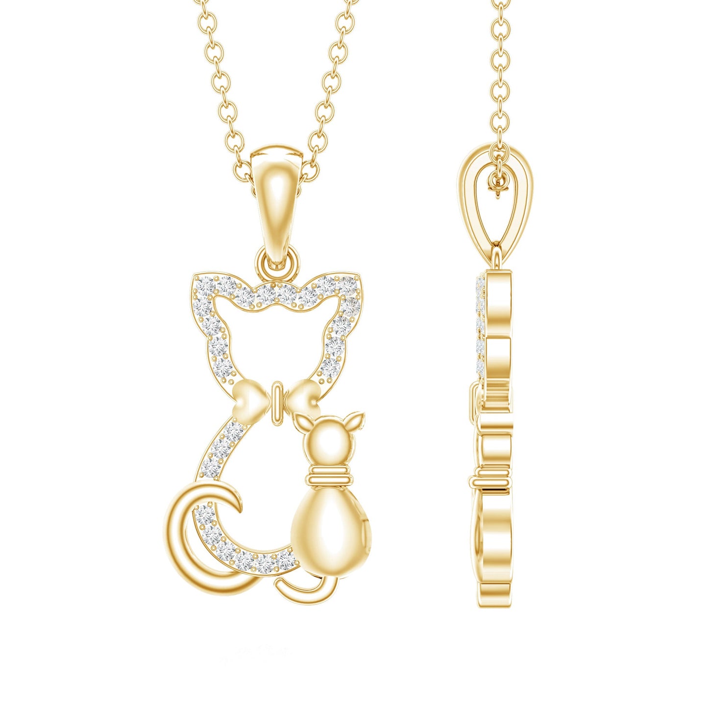 Gold cat-shaped pendant with chain on a white background Kitty Cat Necklace, Cat Pendant, Cat Lover Gift, Diamond Necklace, Diamond Pendant, Lab Diamond Necklace, Natural Diamond Necklace, Fine Jewelry, Luxury Jewelry, Sterling Silver Necklace, 10K Gold Necklace, 14K Gold Necklace, 18K Gold Necklace, White Gold Necklace, Yellow Gold Necklace, Pendant Necklace, Cat Jewelry, Animal Jewelry, Women's Jewelry, Unisex Jewelry, Gift For Her, Luxury Gift, Birthday Gift, Anniversary Gift, Valentine's Day Gift