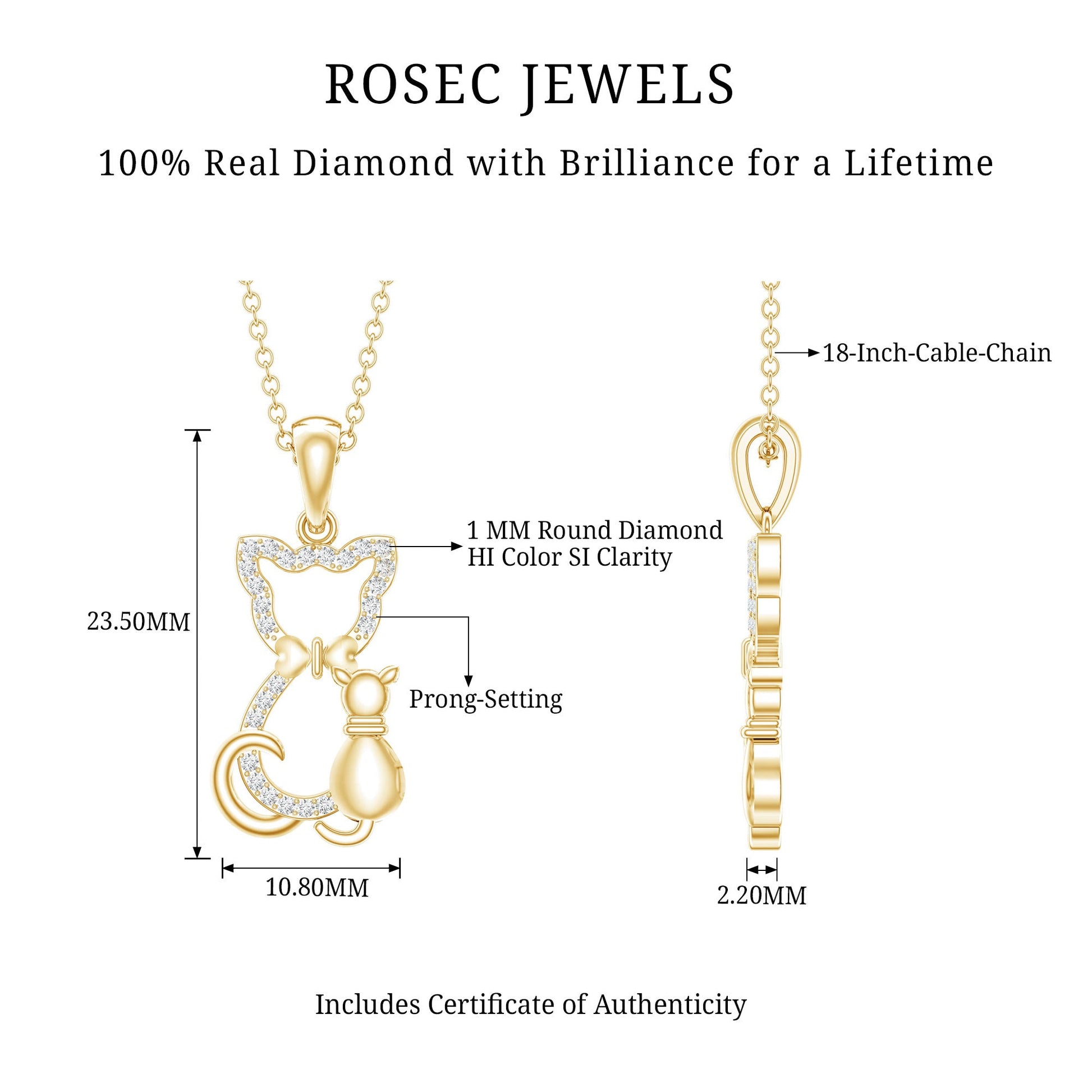 Rosec Jewels gold necklace with diamond pendant and chain details on a white background Kitty Cat Necklace, Cat Pendant, Cat Lover Gift, Diamond Necklace, Diamond Pendant, Lab Diamond Necklace, Natural Diamond Necklace, Fine Jewelry, Luxury Jewelry, Sterling Silver Necklace, 10K Gold Necklace, 14K Gold Necklace, 18K Gold Necklace, White Gold Necklace, Yellow Gold Necklace, Pendant Necklace, Cat Jewelry, Animal Jewelry, Women's Jewelry, Unisex Jewelry, Gift For Her, Luxury Gift, Birthday Gift, Anniversary Gi