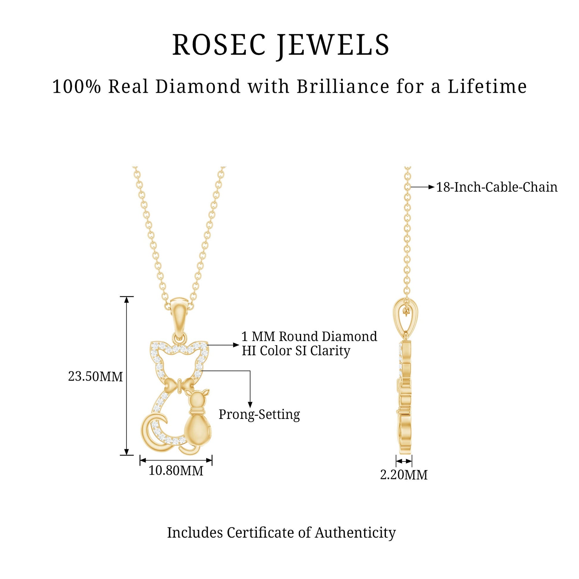 Rosec Jewels gold necklace with diamond pendant and chain details on a white background Kitty Cat Necklace, Cat Pendant, Cat Lover Gift, Diamond Necklace, Diamond Pendant, Lab Diamond Necklace, Natural Diamond Necklace, Fine Jewelry, Luxury Jewelry, Sterling Silver Necklace, 10K Gold Necklace, 14K Gold Necklace, 18K Gold Necklace, White Gold Necklace, Yellow Gold Necklace, Pendant Necklace, Cat Jewelry, Animal Jewelry, Women's Jewelry, Unisex Jewelry, Gift For Her, Luxury Gift, Birthday Gift, Anniversary Gi