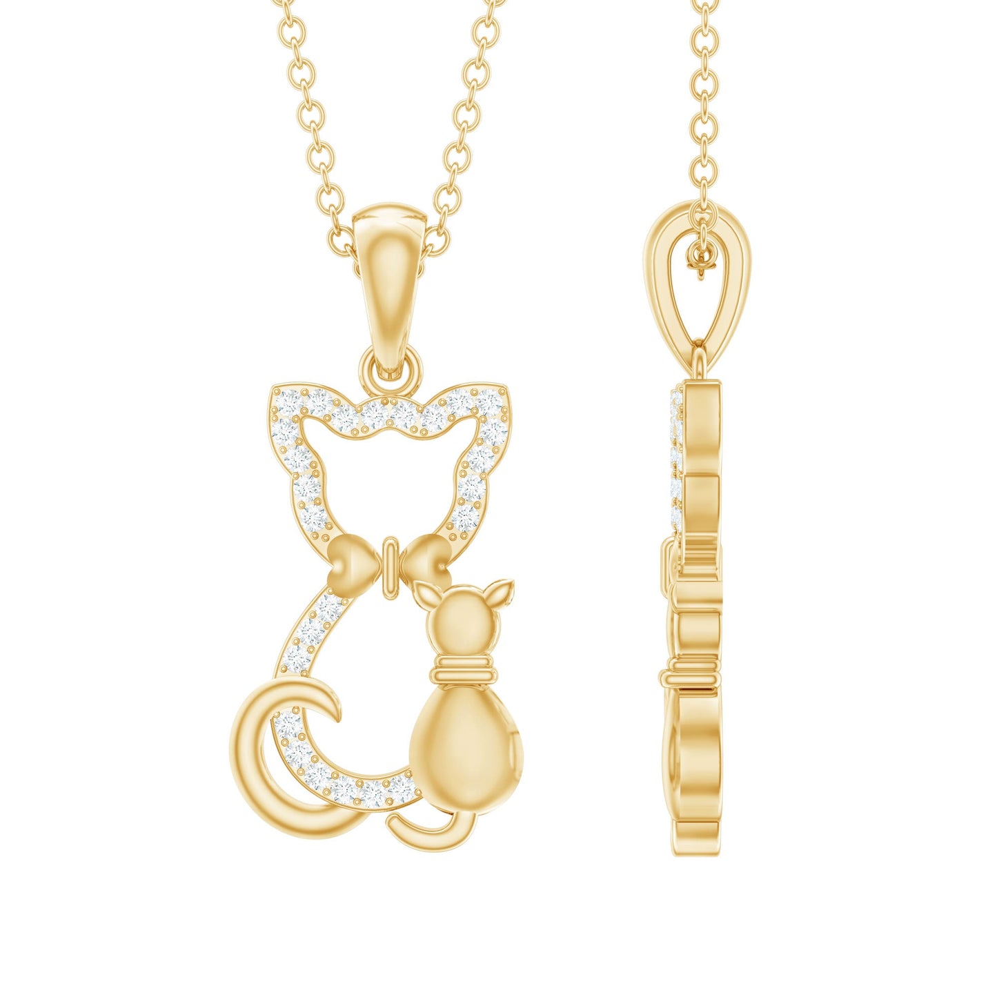 Gold cat-shaped pendant with chain on a white background Kitty Cat Necklace, Cat Pendant, Cat Lover Gift, Diamond Necklace, Diamond Pendant, Lab Diamond Necklace, Natural Diamond Necklace, Fine Jewelry, Luxury Jewelry, Sterling Silver Necklace, 10K Gold Necklace, 14K Gold Necklace, 18K Gold Necklace, White Gold Necklace, Yellow Gold Necklace, Pendant Necklace, Cat Jewelry, Animal Jewelry, Women's Jewelry, Unisex Jewelry, Gift For Her, Luxury Gift, Birthday Gift, Anniversary Gift, Valentine's Day Gift