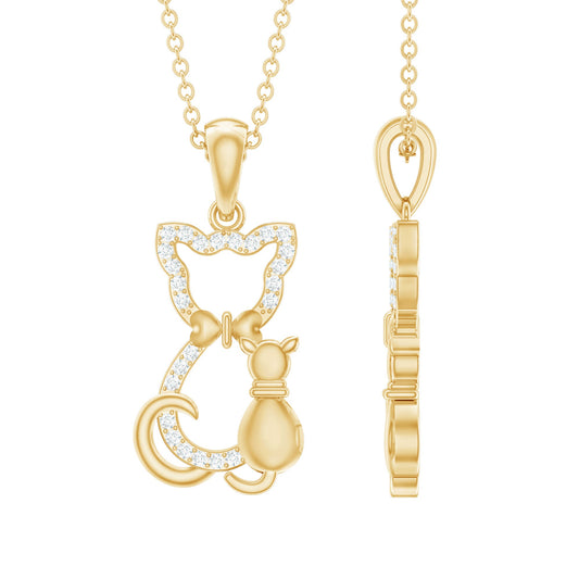 Gold cat-shaped pendant with chain on a white background Kitty Cat Necklace, Cat Pendant, Cat Lover Gift, Diamond Necklace, Diamond Pendant, Lab Diamond Necklace, Natural Diamond Necklace, Fine Jewelry, Luxury Jewelry, Sterling Silver Necklace, 10K Gold Necklace, 14K Gold Necklace, 18K Gold Necklace, White Gold Necklace, Yellow Gold Necklace, Pendant Necklace, Cat Jewelry, Animal Jewelry, Women's Jewelry, Unisex Jewelry, Gift For Her, Luxury Gift, Birthday Gift, Anniversary Gift, Valentine's Day Gift