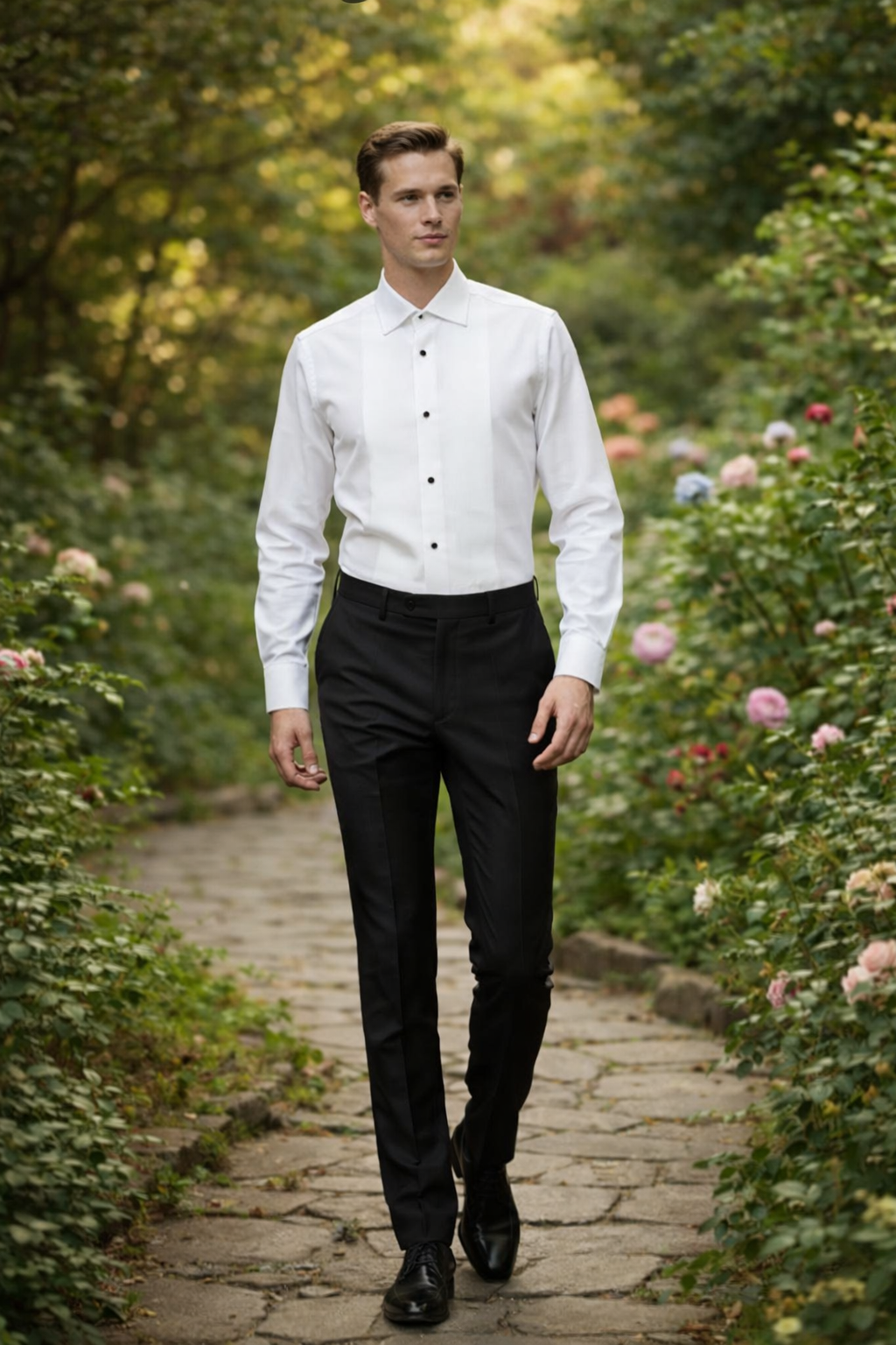 Man in a white shirt and black pants walking through a garden with flowers and trees.