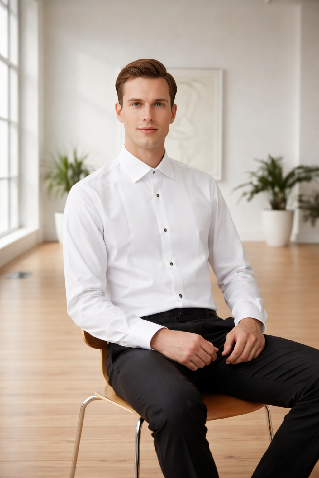 Man sitting on a chair wearing a white dress shirt and black pants in a bright room with plants. Man wearing a long sleeve white dress shirt with collar all white shirt 