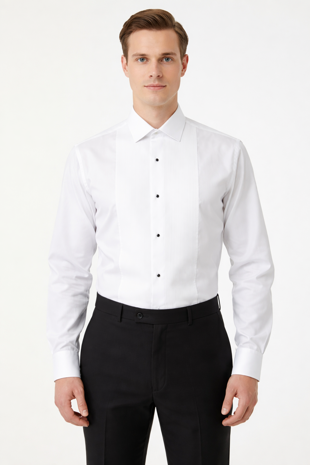 Man wearing a long sleeve white dress shirt with collar all white shirt and black pants on a white background