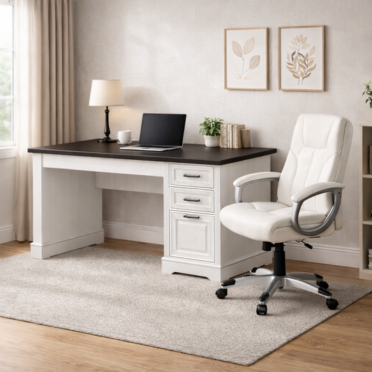55" Farmhouse Executive Desk with Power Outlet and Mid Back Leather Swivel Chair Set-0