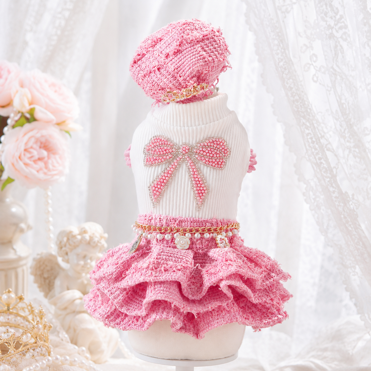Handmade Chic Puppy Suit Pink Tweed Skirt Outfit
