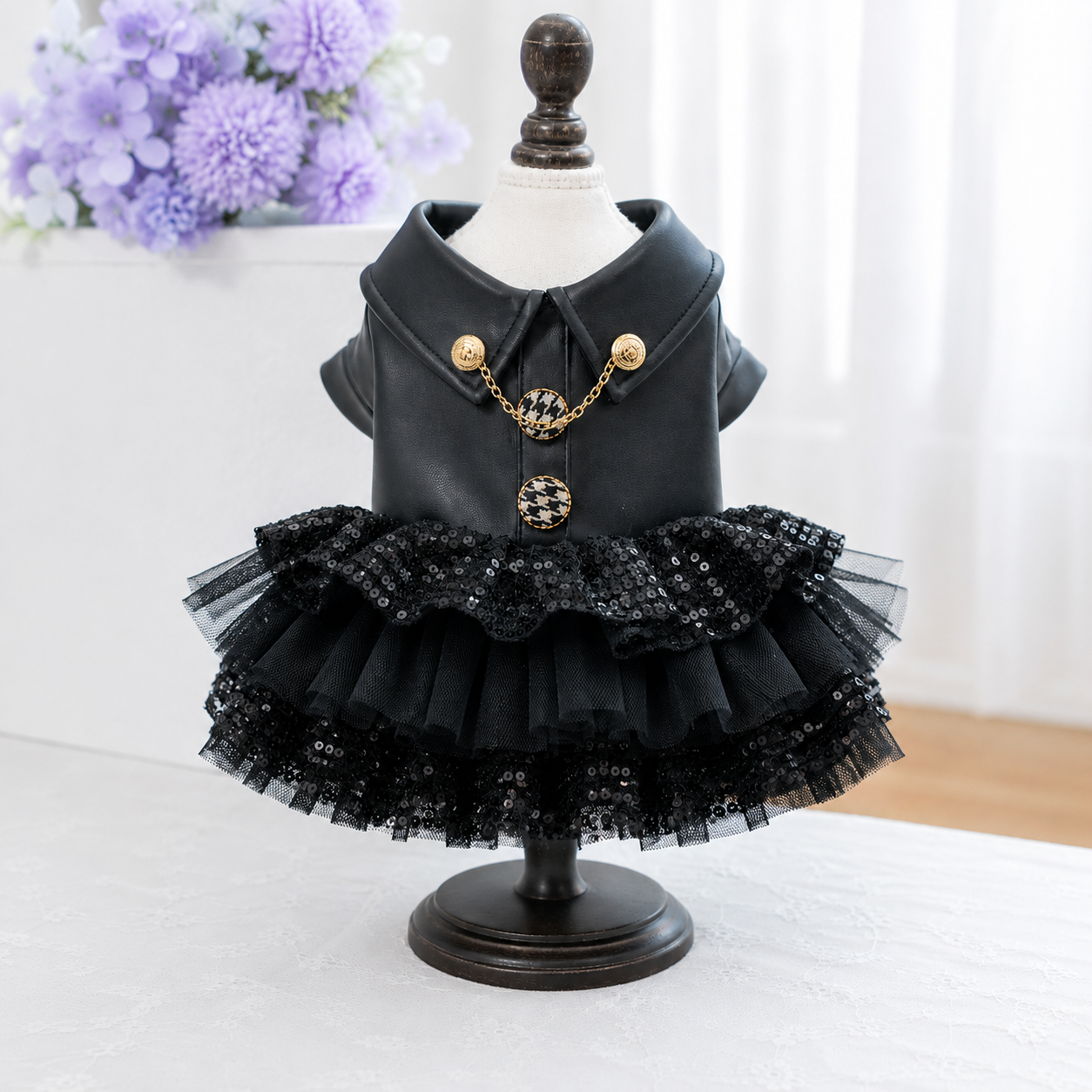 Dog leather jacket sequin dress