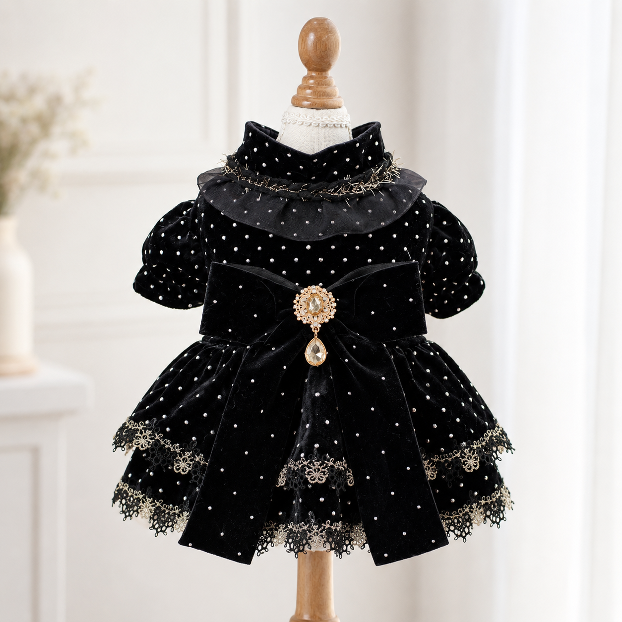 Pet dress black velvet golden dot