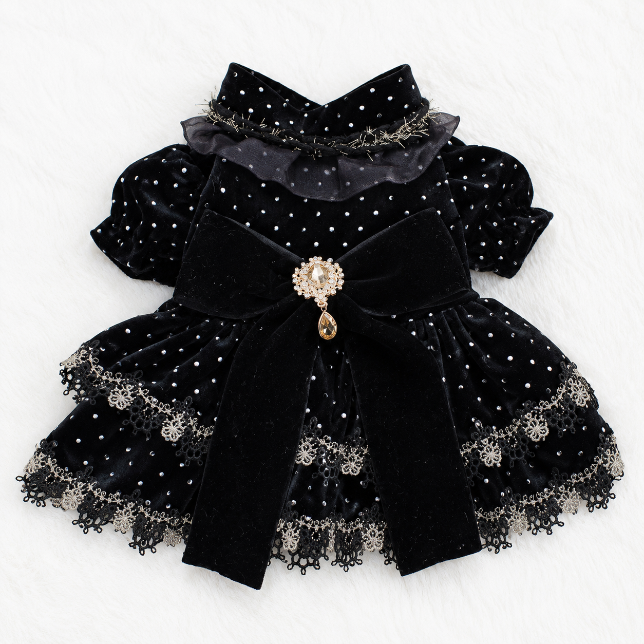 Pet dress black velvet golden dot