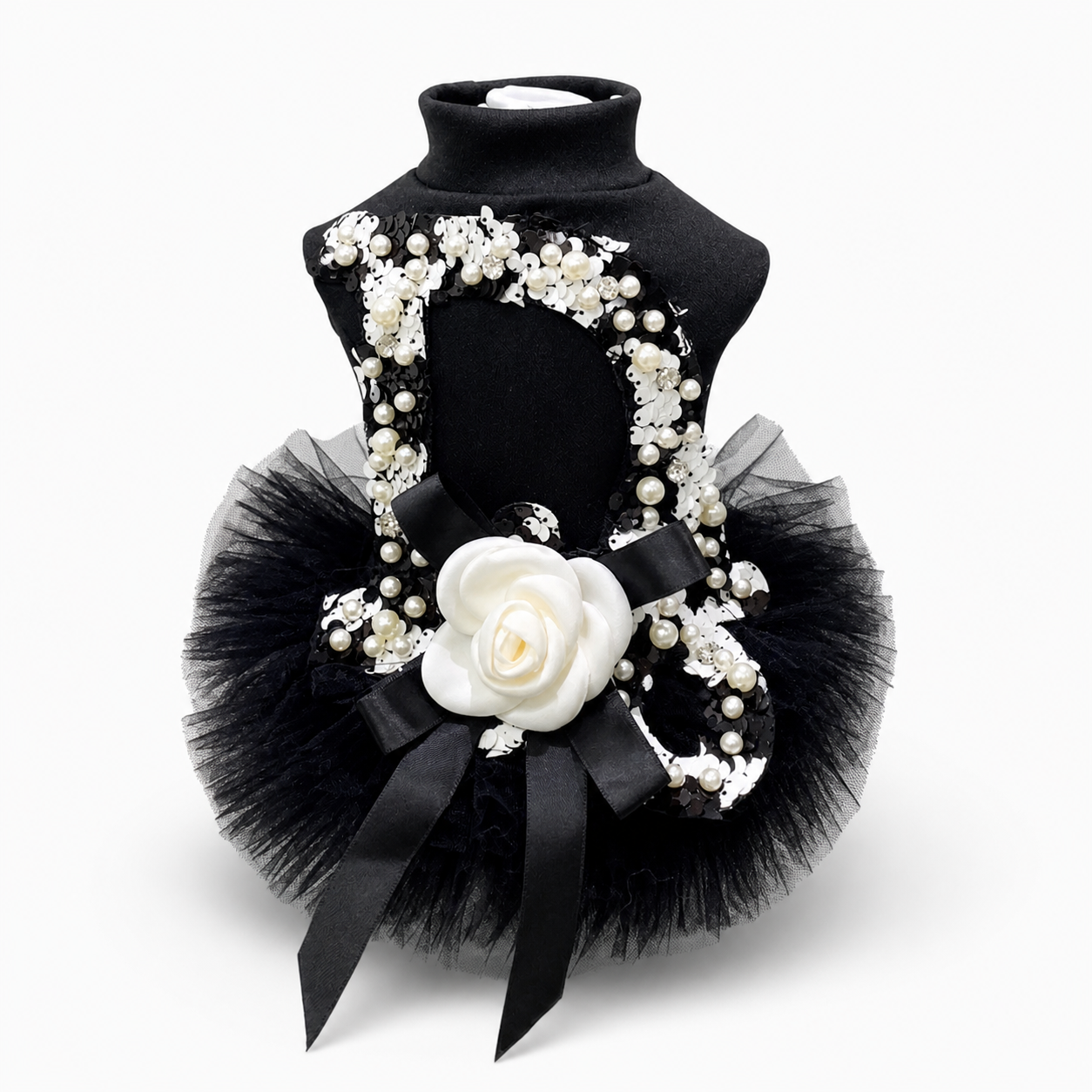 Black Pearl Sequin Pet Tutu Dress with 3D Flower - Formal Party Look
