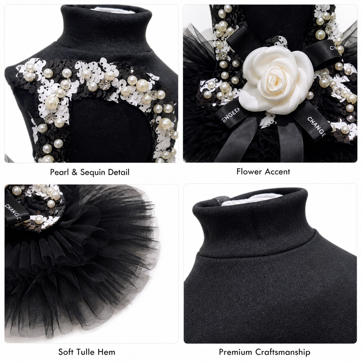 Black Pearl Sequin Pet Tutu Dress with 3D Flower - Formal Party Look
