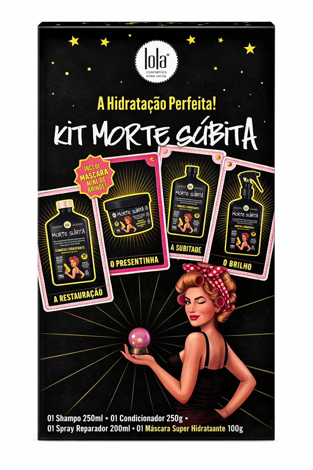 Lola hair care product kit packaging with a woman holding a crystal ball on a black background.