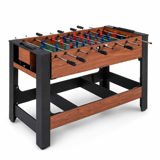 Foosball table with wooden surface and black legs on a white background