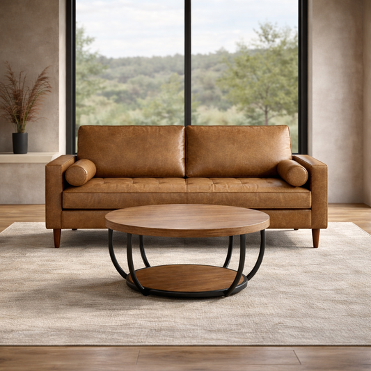 58" Mid Century Faux Leather Loveseat Sofa with Pillows & 31" Round 2-Tier Coffee Table Set, Brown-0