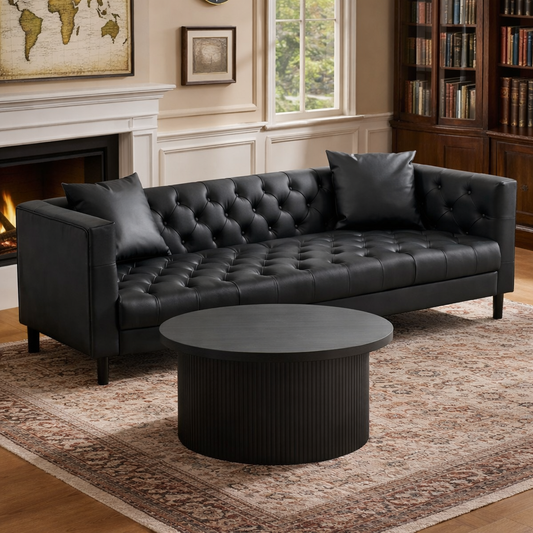 Black Button-Tufted Sofa and Round Tambour Coffee Table – Mid-Century 2-Piece Living Room Bundle-0