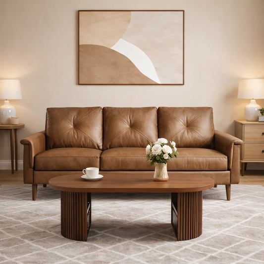 71.6" Mid Century Modern 3 Seat Sofa with 47" Oval Fluted Coffee Table Living Room Set Walnut-0