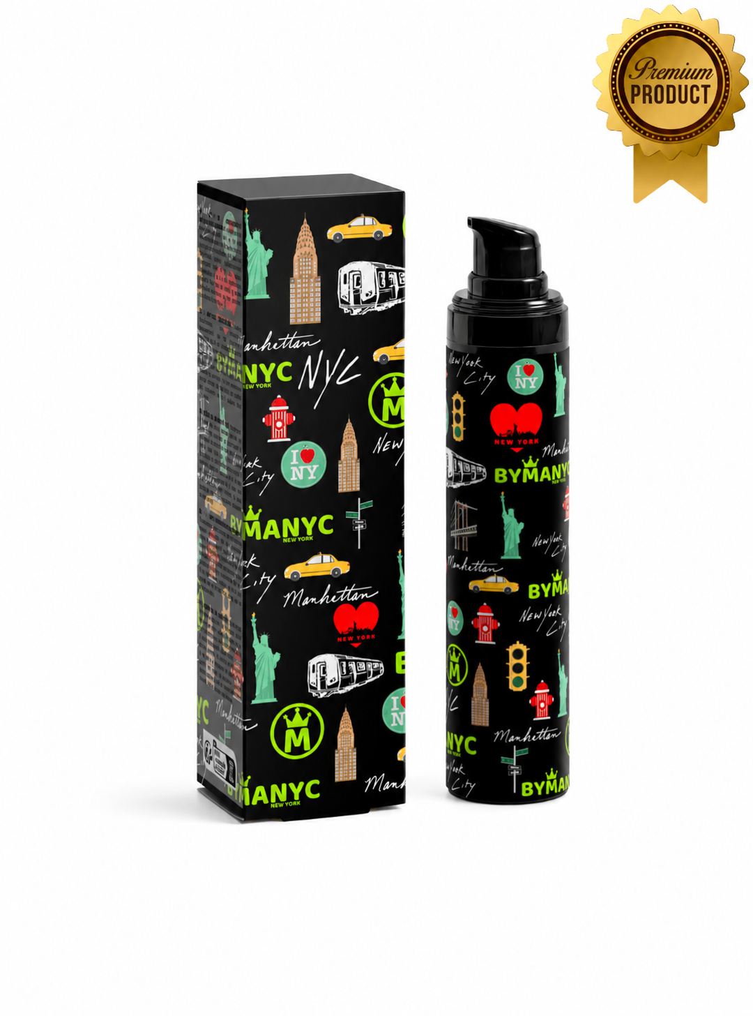 Product packaging with 'BYMANYC' branding on a black background with colorful graphics.