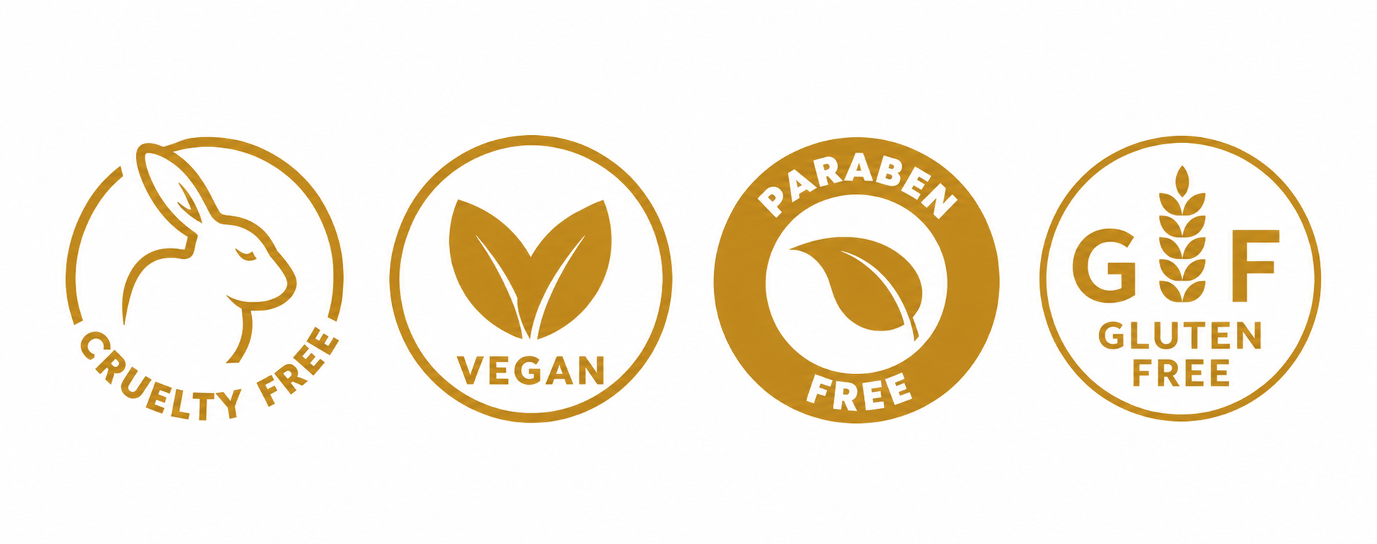 Cruelty Free, Vegan, Paraben Free and Gluten Free certification icons in gold on a white background, representing clean beauty, natural ingredients, recyclable packaging, female-owned brand, ethical skincare, eco-conscious beauty, and premium cosmetic standards.