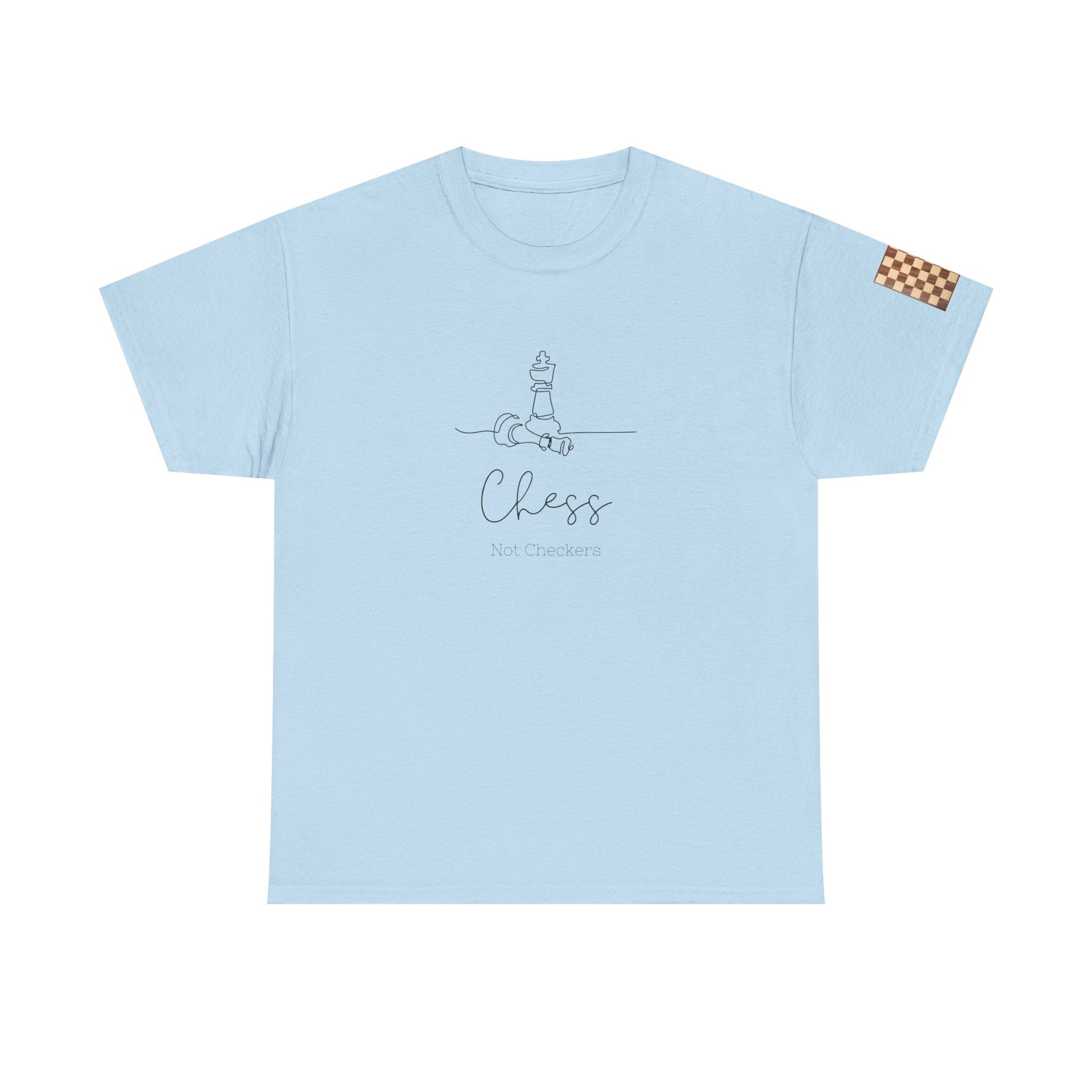 Light blue t-shirt with chess-themed design on a white background. Chess Not Checkers Print Design Chess Board Unisex Tee - Ethically Grown 100% Cotton - GILDAN