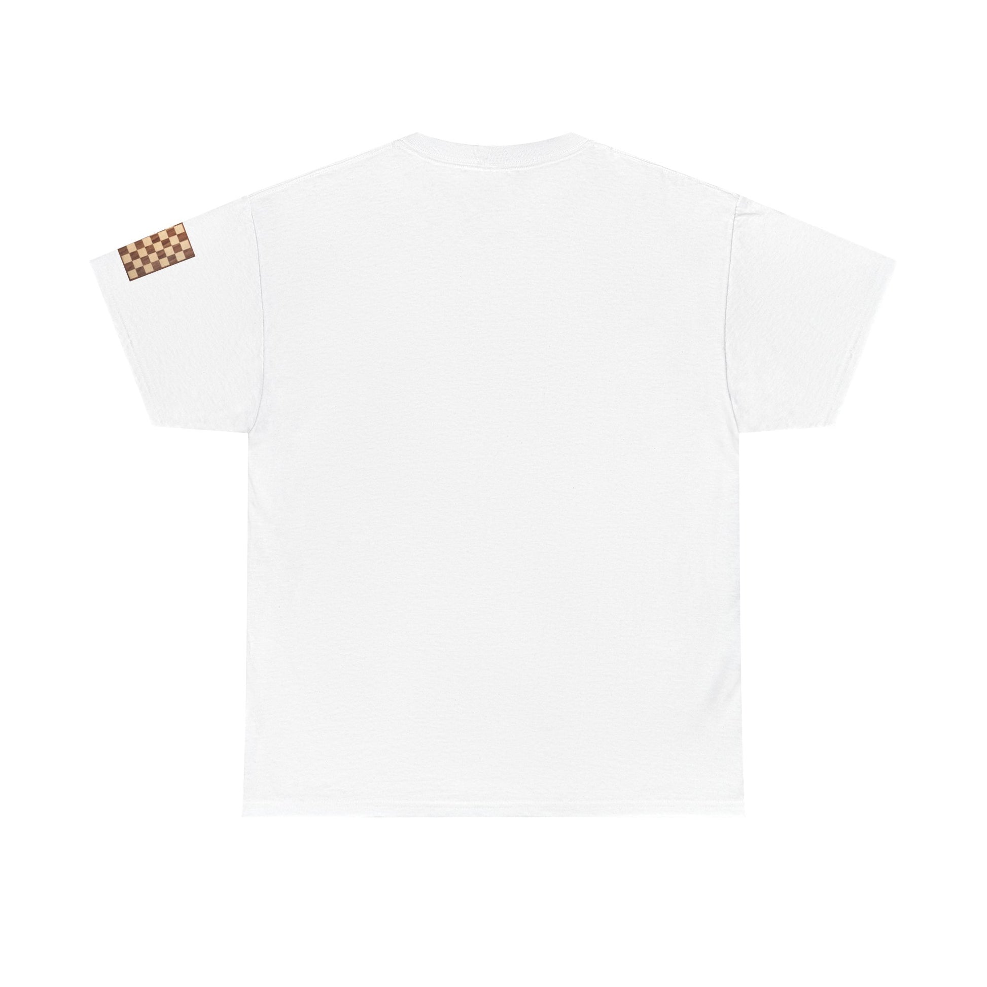 White t-shirt with a small brown label on a white background. Chess Not Checkers Print Design Chess Board Unisex Tee - Ethically Grown 100% Cotton - GILDAN