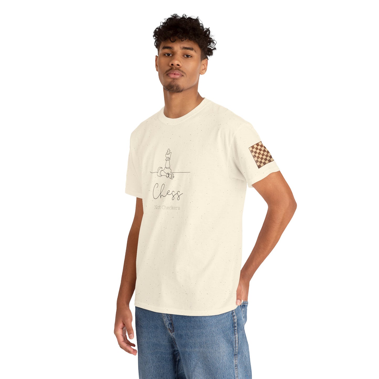 Man wearing a cream t-shirt with a design on a white background. Chess Not Checkers Print Design Chess Board Unisex Tee - Ethically Grown 100% Cotton - GILDAN
