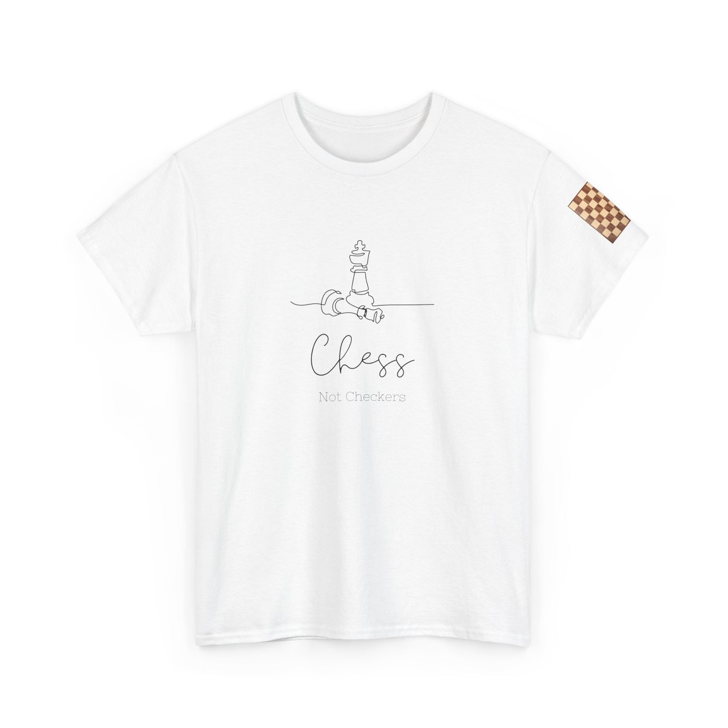 White t-shirt with chess-themed design on a white background