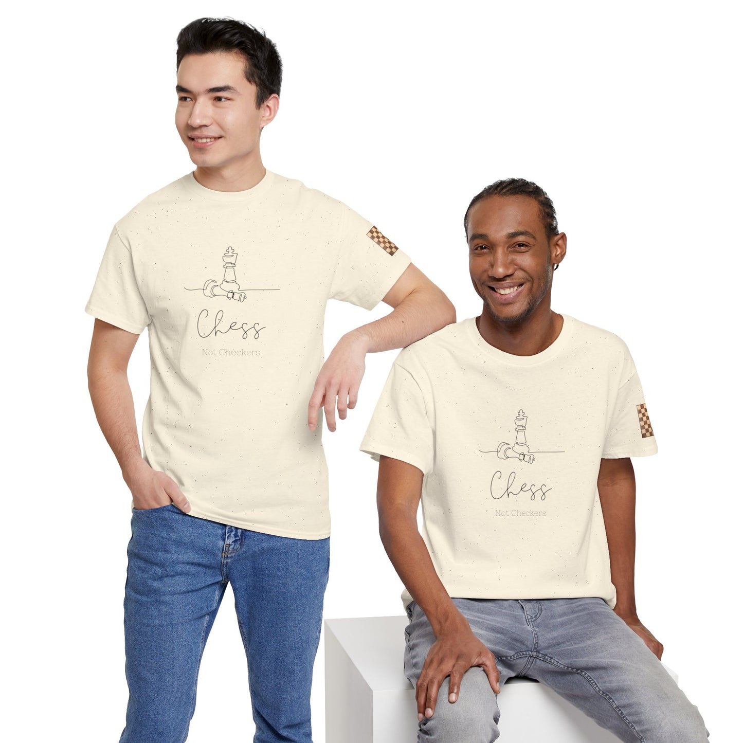 Two men wearing cream t-shirts with a chess-themed design on a white background. Chess Not Checkers Print Design Chess Board Unisex Tee - Ethically Grown 100% Cotton - GILDAN