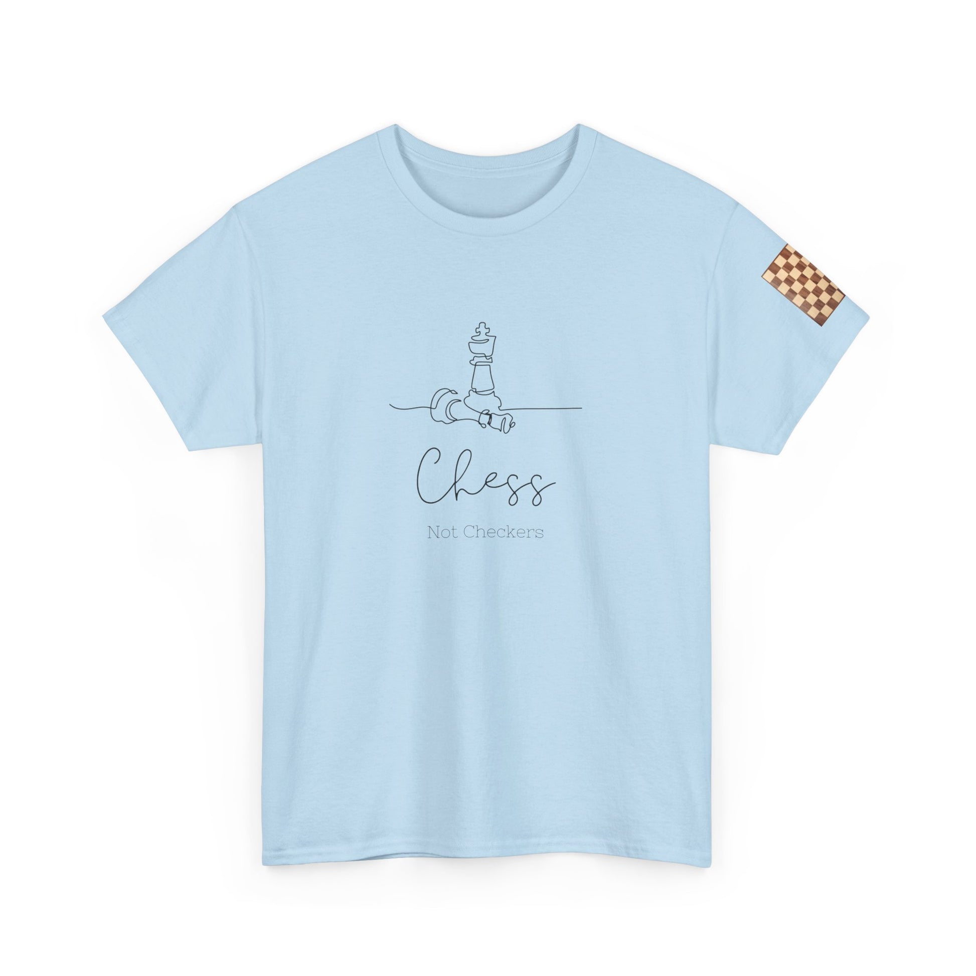 Light blue t-shirt with chess design and text on a white background. Chess Not Checkers Print Design Chess Board Unisex Tee - Ethically Grown 100% Cotton - GILDAN
