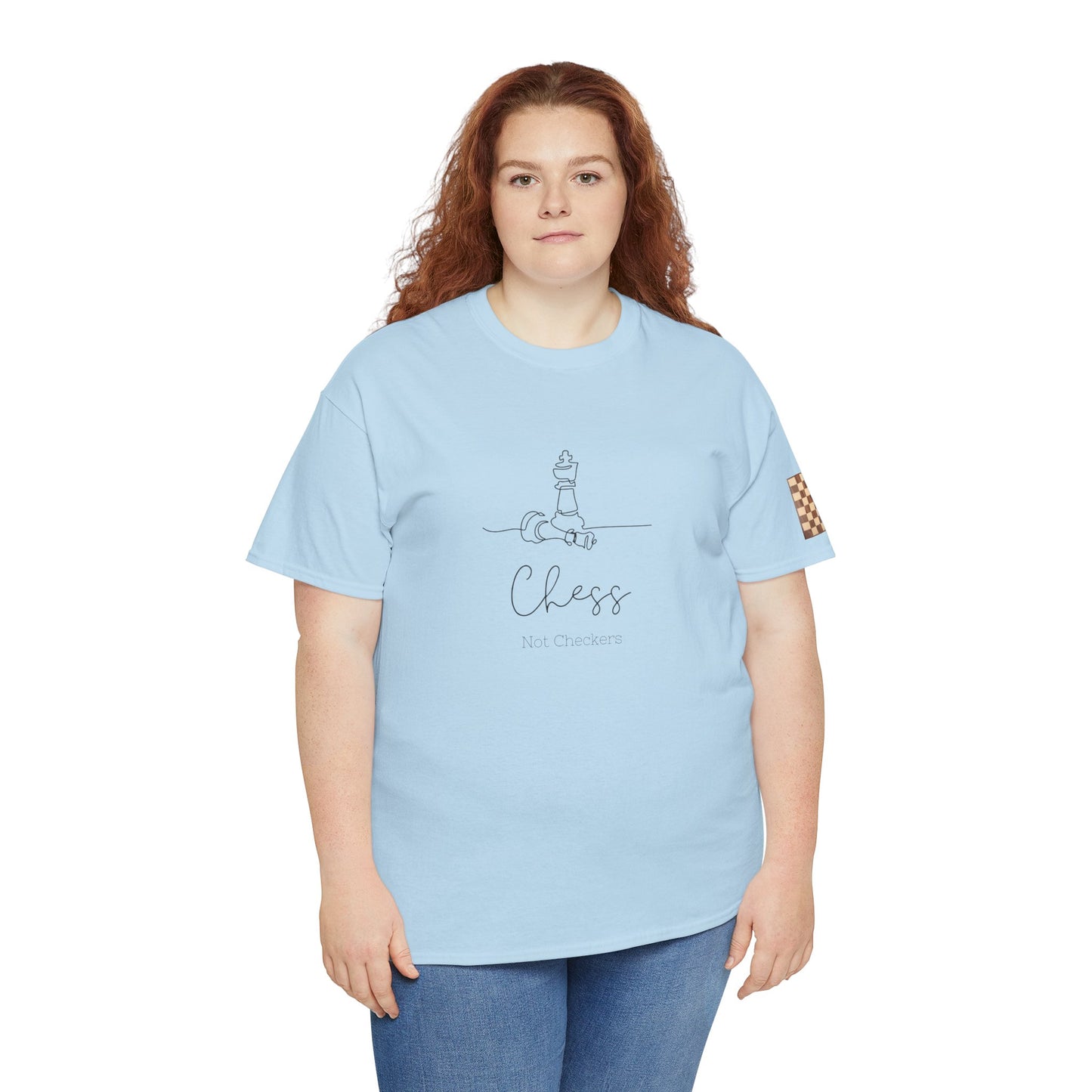 Person wearing a light blue t-shirt with a chess design on a white background. Chess Not Checkers Print Design Chess Board Unisex Tee - Ethically Grown 100% Cotton - GILDAN