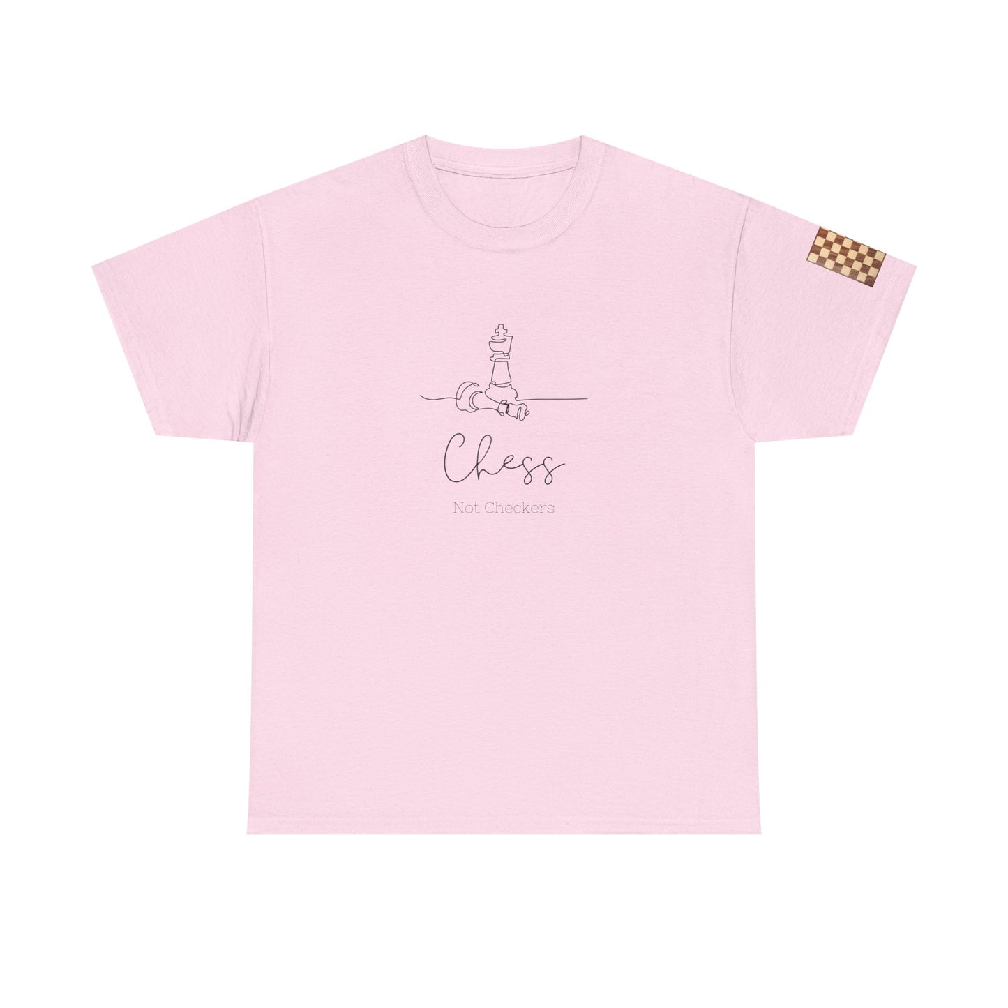 Pink t-shirt with chess design and text on a white background. Chess Not Checkers Print Design Chess Board Unisex Tee - Ethically Grown 100% Cotton - GILDAN