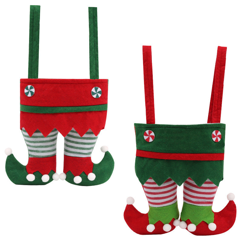 Festive elf-themed Christmas gift bag featuring dangling striped elf legs with curled shoes in red and green, reusable holiday candy bag and Christmas gift packaging for presents, stocking stuffers, party favors, and seasonal home decor.