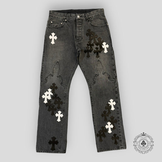 Chrome Hearts Fleur Knee Jeans in Black/White
