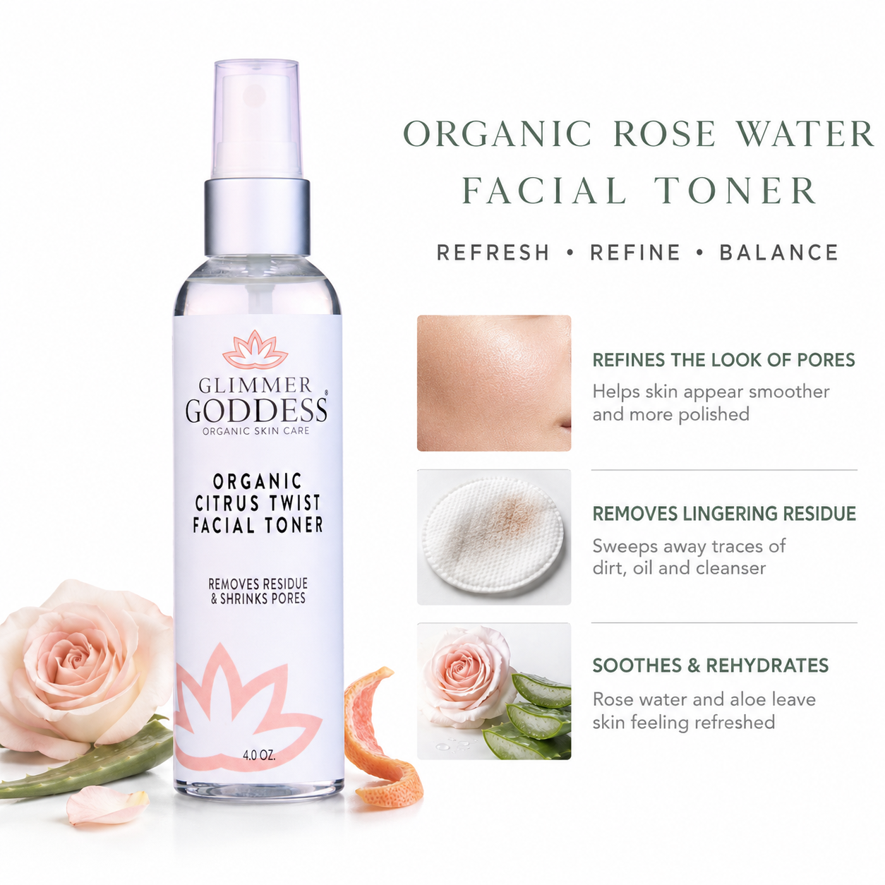 Organic Rose Water Facial Toner – Citrus Twist Toner with Witch Hazel & Aloe for Pore Tightening